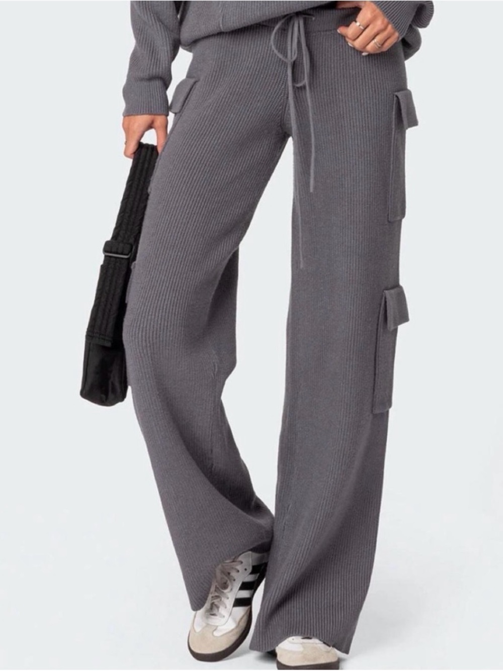 Edikted Charcoal Ribbed Wide-Leg Cargo Knit Pants